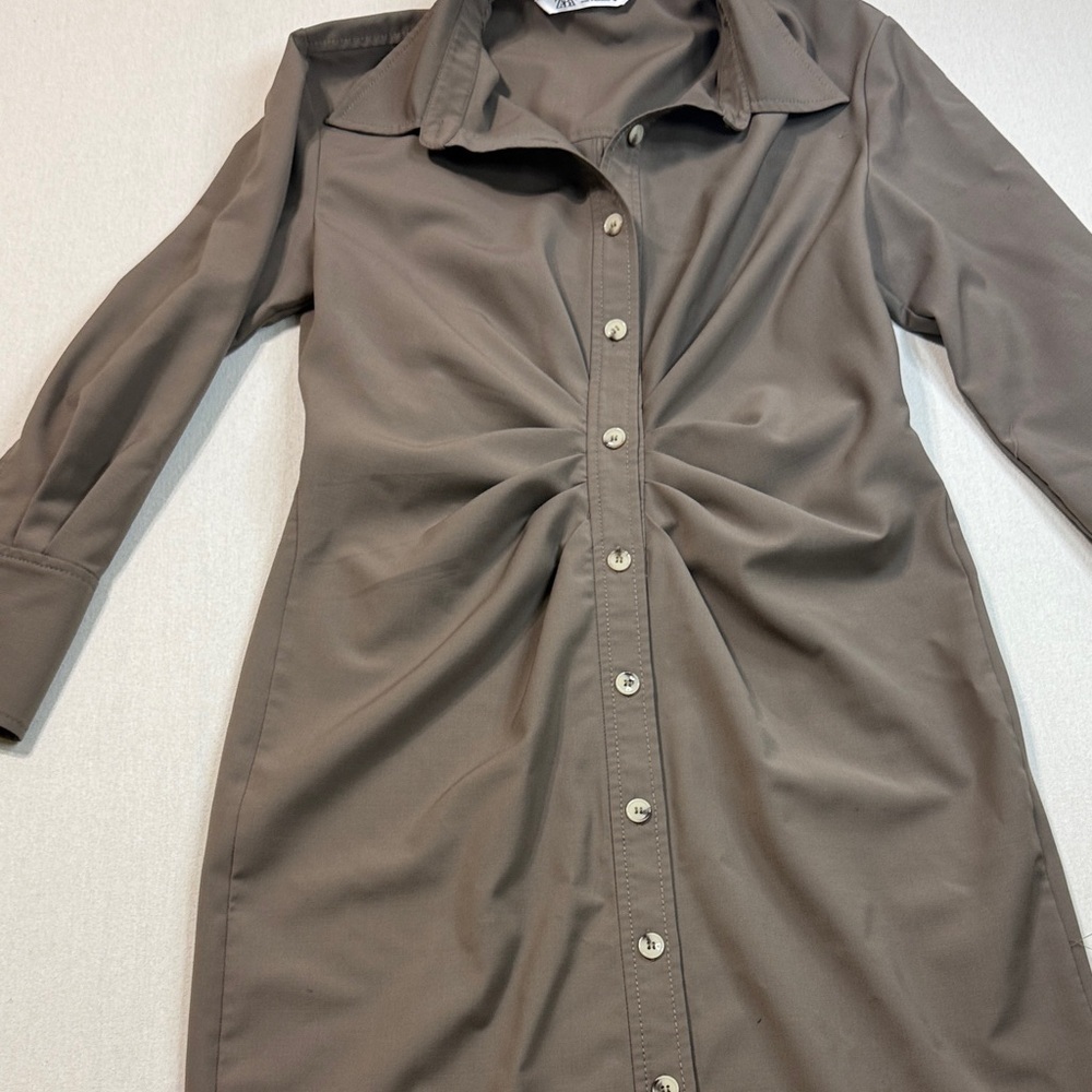 Zara Brown Long Sleeve Dress with Button Detail - Picture 5 of 11